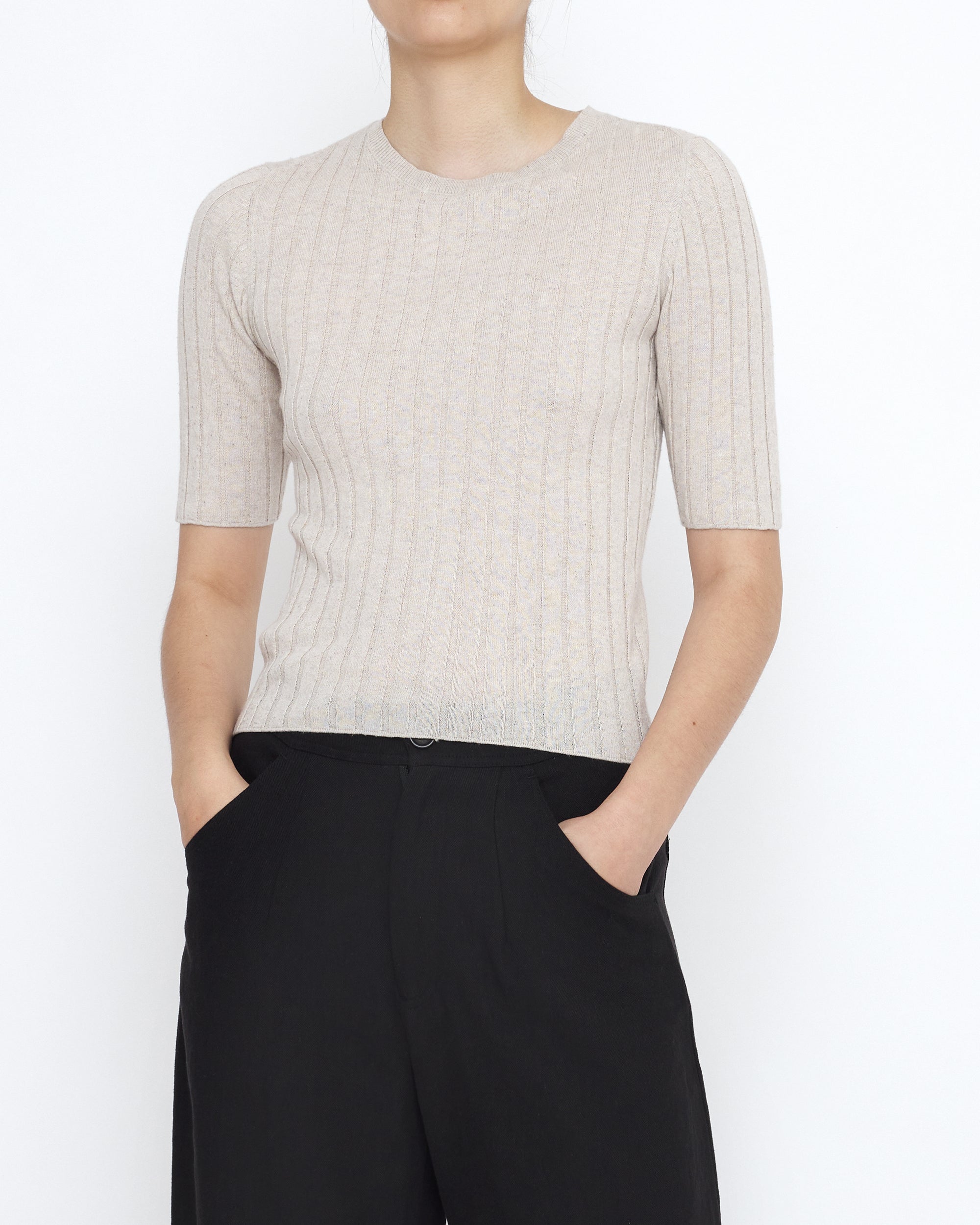 Mid-Sleeves Ribbed Fine Knit - SS25 - Sand Beige – 7115 by Szeki