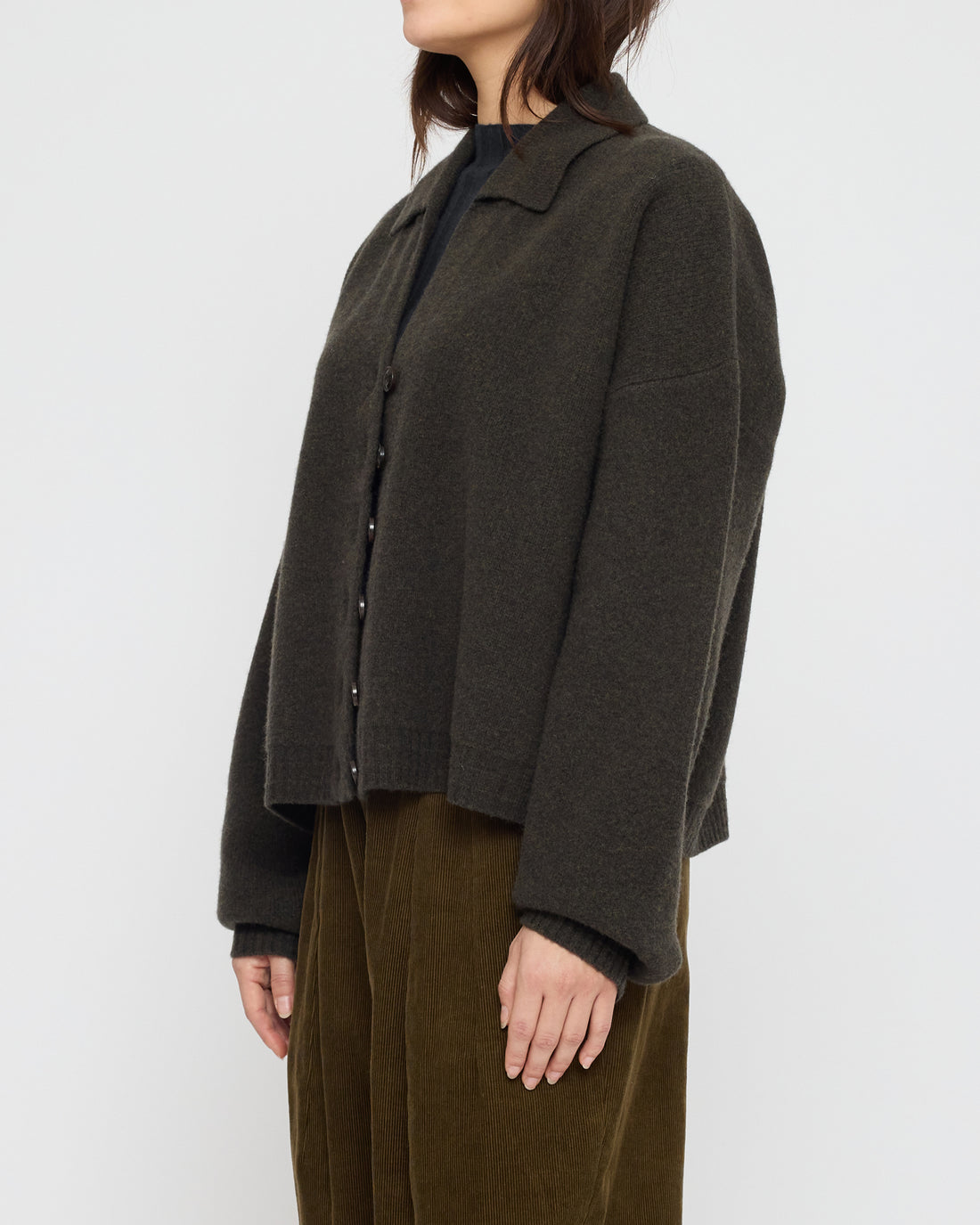 Collared Cropped Cardigan - FW26 - Olive Brown