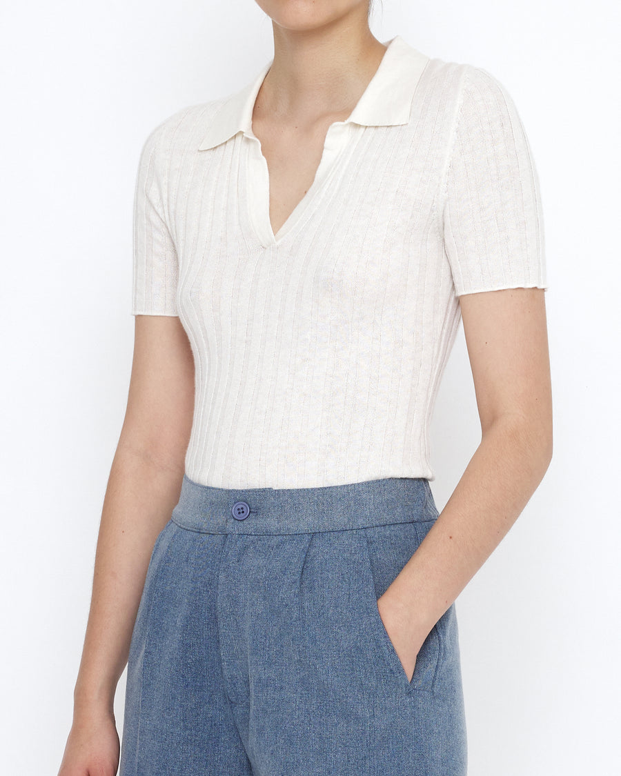 Collared V-Neck Fine Knit - SS25 - White