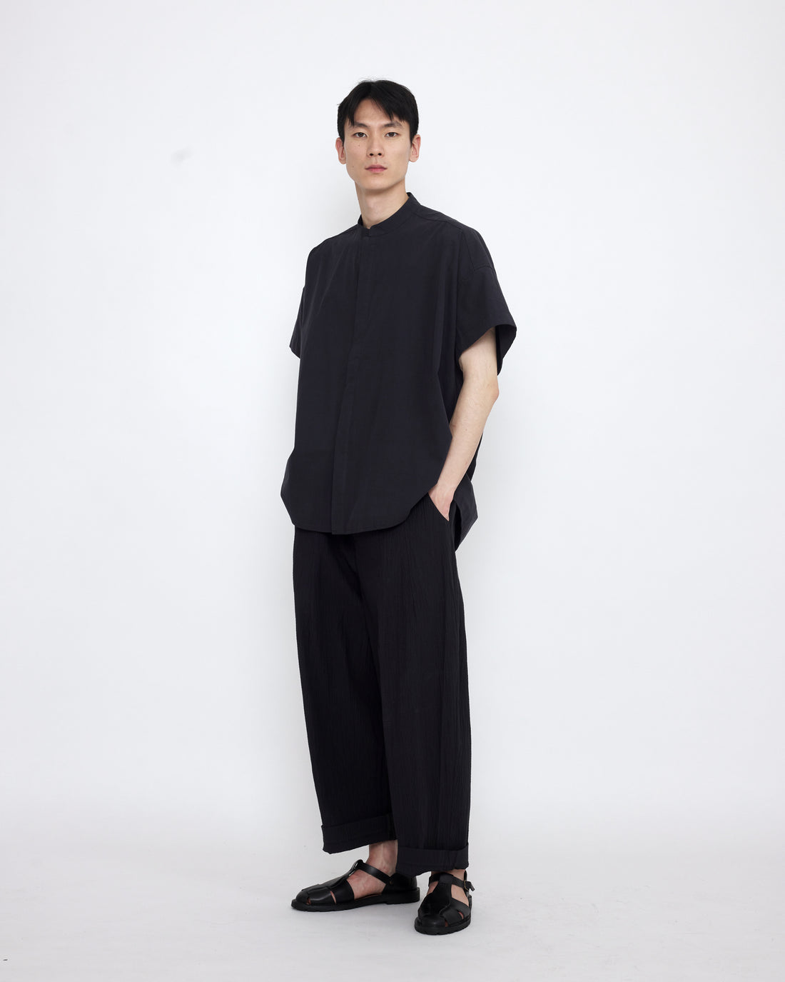Mandarin Cocoon Short Sleeves Shirt - SS25 - Black